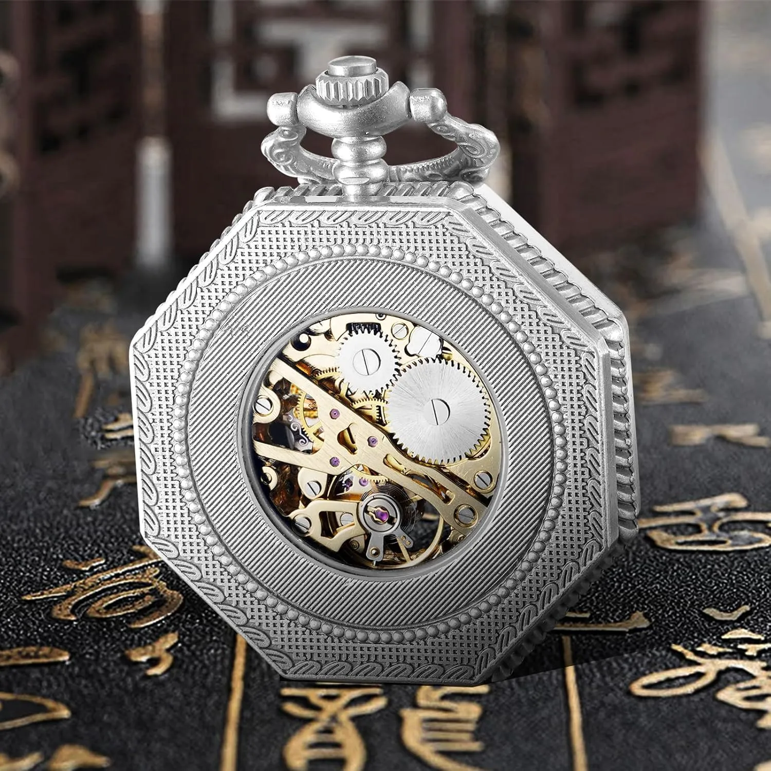BOSHIYA Mechanical Pocket Watch Luminous Steampunk Vintage Pocket Watch/with Chains/Hand Wind Up/Black Skeleton/Dial Roman Numberals