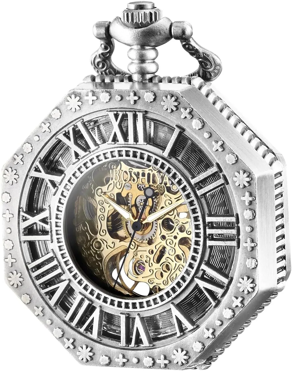 BOSHIYA Mechanical Pocket Watch Luminous Steampunk Vintage Pocket Watch/with Chains/Hand Wind Up/Black Skeleton/Dial Roman Numberals