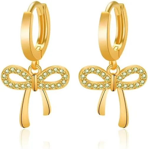 Bow Earrings Silver for Women, Silver Cubic Zirconia Sparkly Bow Drop Hoop Earrings Statement Simple Trendy Party Unique Present Jewelry