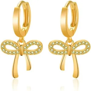 Bow Earrings Silver for Women, Silver Cubic Zirconia Sparkly Bow Drop Hoop Earrings Statement Simple Trendy Party Unique Present Jewelry