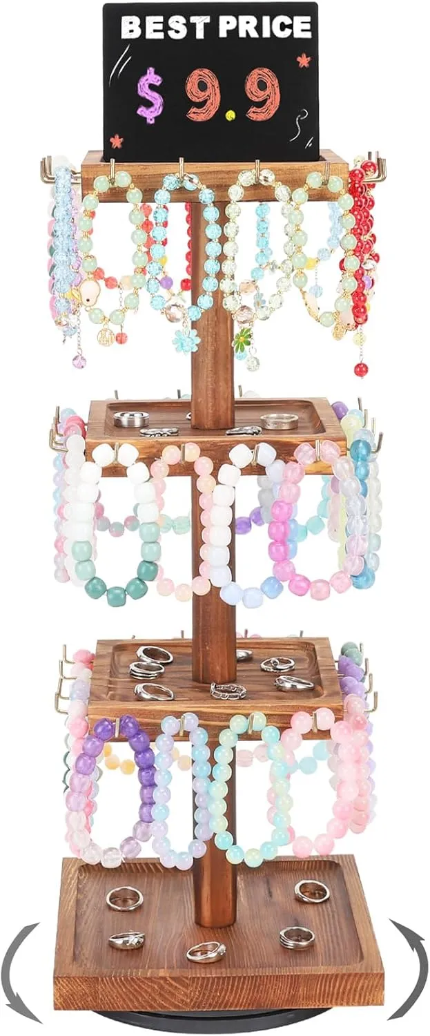 Bracelet Holder, 360 Rotating Jewelry Holder Organzier with Tray, Wooden Jewelry Tower with 48 Hooks, 4-Tier Large Capacity Jewelry Display Stand for Vendors Sell Bracelet Keychain Earring