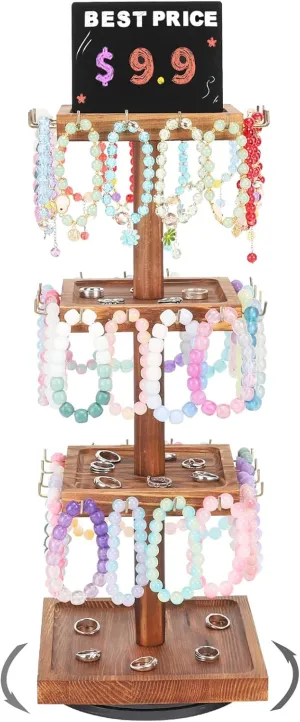 Bracelet Holder, 360 Rotating Jewelry Holder Organzier with Tray, Wooden Jewelry Tower with 48 Hooks, 4-Tier Large Capacity Jewelry Display Stand for Vendors Sell Bracelet Keychain Earring