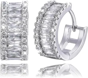 Brilliant Cubic Zirconia Iced CZ Huggie Trendy Hypoallergenic Chunky White Gold Plated 925 Sterling Silver Thick Baguette Hoop Earrings Fine Jewelry Birthday Gifts For Men And Women