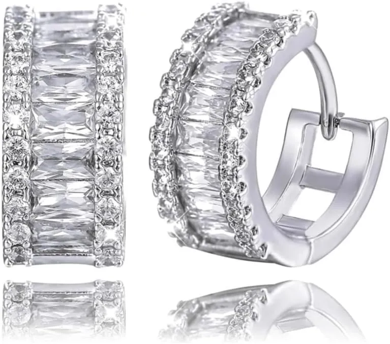 Brilliant Cubic Zirconia Iced CZ Huggie Trendy Hypoallergenic Chunky White Gold Plated 925 Sterling Silver Thick Baguette Hoop Earrings Fine Jewelry Birthday Gifts For Men And Women