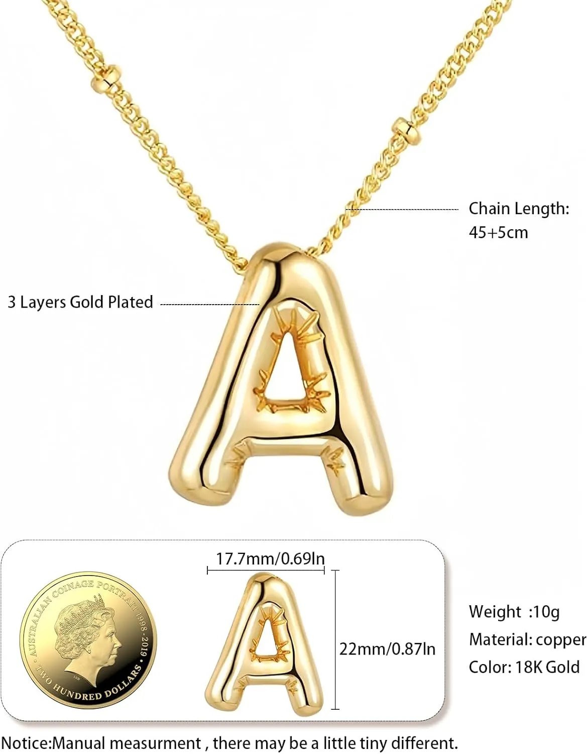 Bubble Letter Necklace Gold for Women, 18k Gold Initial Necklaces With Gift Package, Ideal Jewelry Gifts