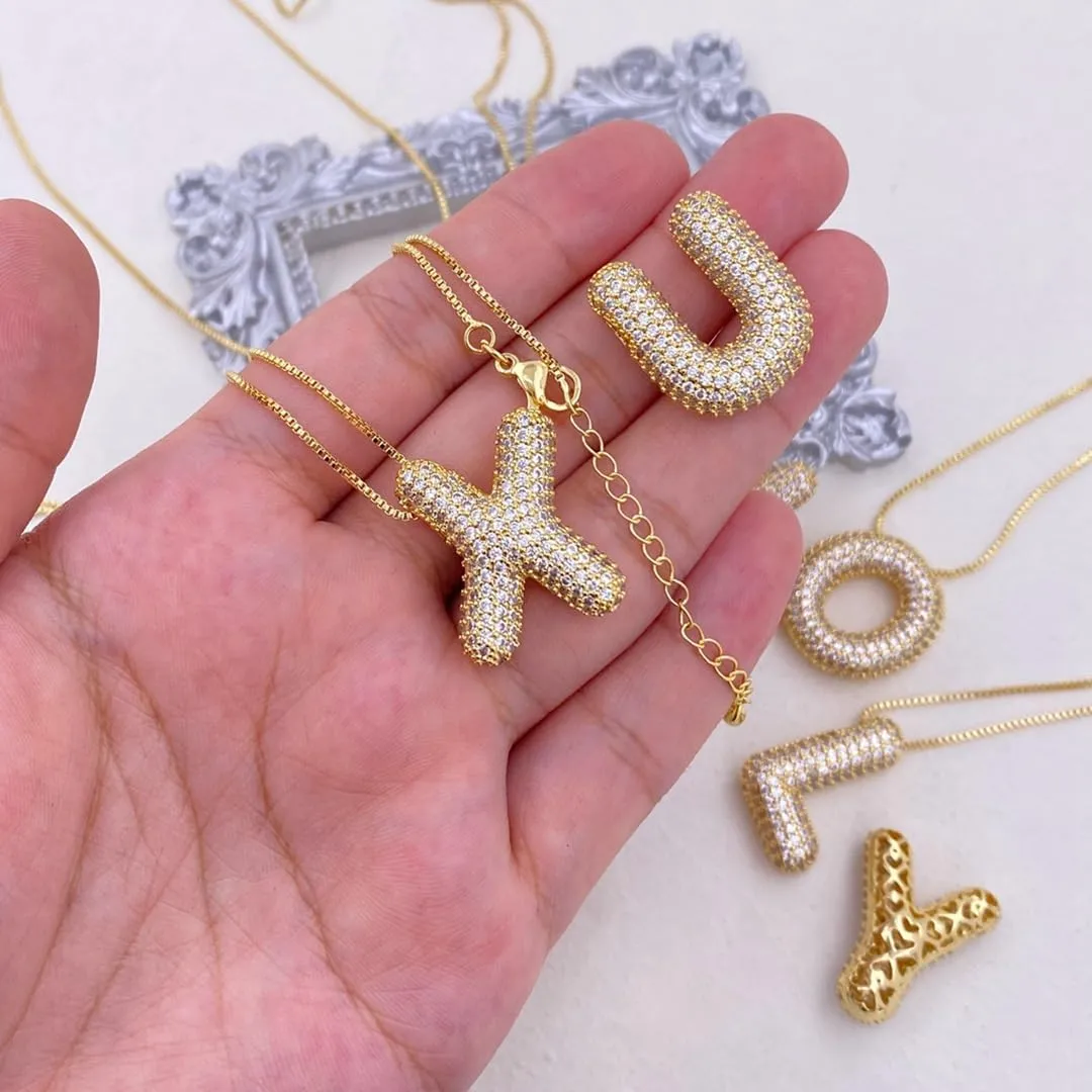 Bubble Letter Necklace Gold for WomenCharm Balloon Initial Letter Pendant Zirconia Inlaid Necklaces Fashion Gifts Jewelry
