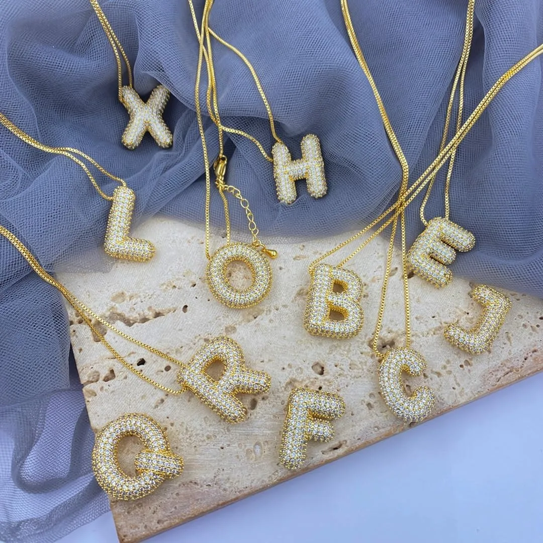 Bubble Letter Necklace Gold for WomenCharm Balloon Initial Letter Pendant Zirconia Inlaid Necklaces Fashion Gifts Jewelry