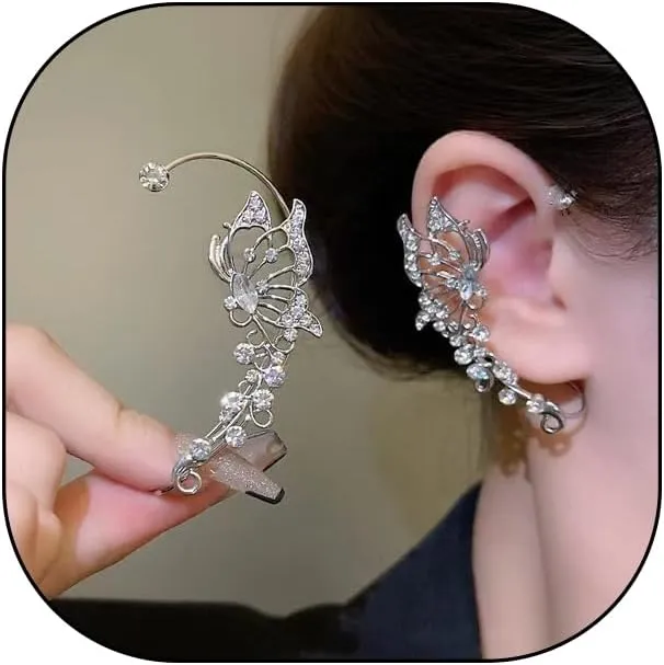 Butterfly Ear Cuff Earrings for Women Sparkling Silver Rhinestone Butterfly Elf Ear Cuffs Non Piercing Fairy Earrings Trendy Wedding Jewelry Gifts