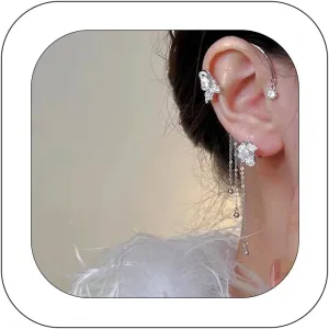 Butterfly Tassel ear cuff Earrings 2Pcs Sparkling Crystal Fairy Elf Wrap Around Earrings Non Piercing Vintage Prom Party Festival Ear Jewelry for Women and Girls