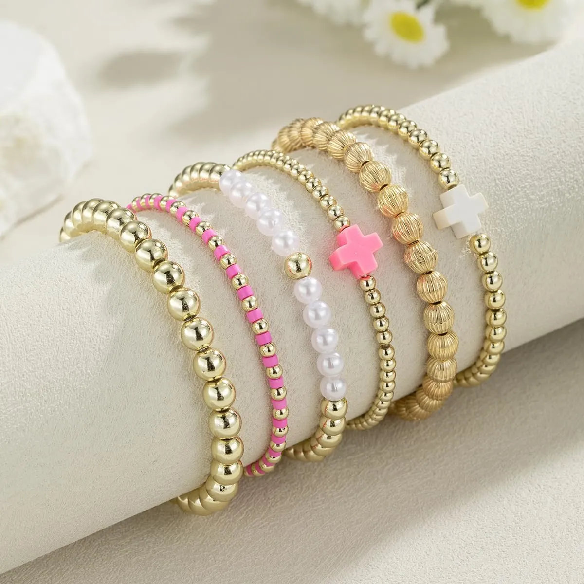 Caiyao Colorful Resin Turquoise Cross Beaded Stretch Braceles Set Bohemia Multilayer Gold Beads Cross Pearl Stackable Bracelet Preppy Friendship Bangles for Women Men Summer Beach Vacation Jewelry
