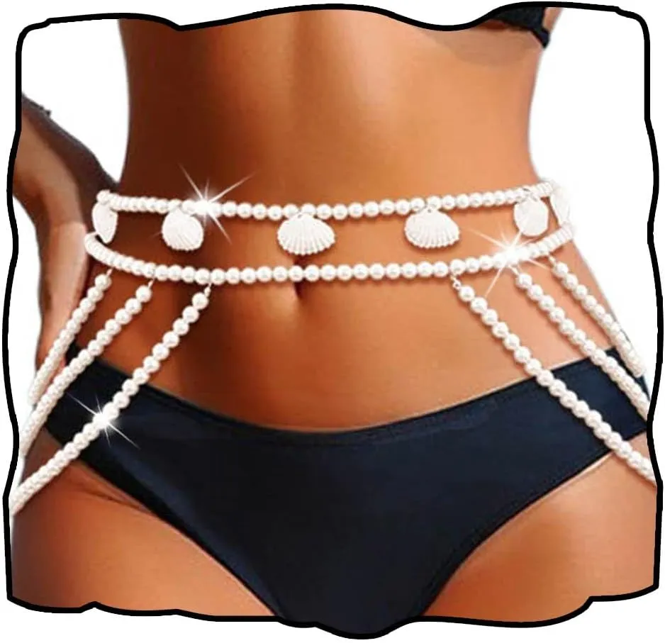 CanB Pearl Waist Chain Shell Belly Chains Layered Body Chain Pearl Accessories for Women