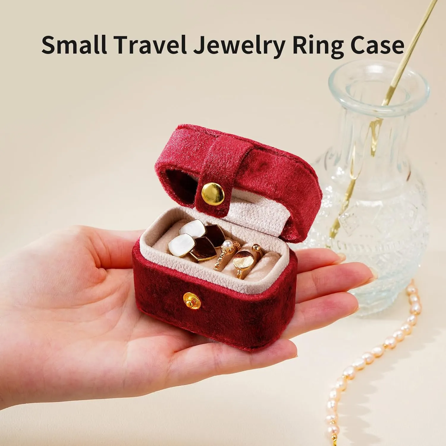 CASEGRACE Velvet Travel Jewelry Case - Portable Small Jewelry Ring Box Plush Velvet Ring Storage Case for Rings Earrings, Travel Essential Accessories for Women, Red