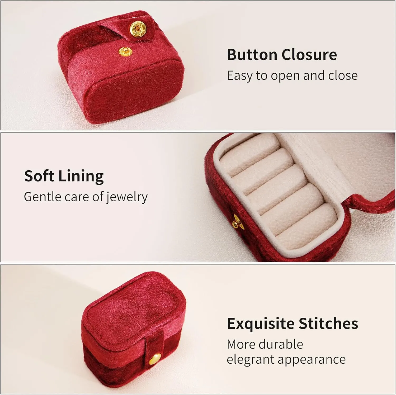 CASEGRACE Velvet Travel Jewelry Case - Portable Small Jewelry Ring Box Plush Velvet Ring Storage Case for Rings Earrings, Travel Essential Accessories for Women, Red