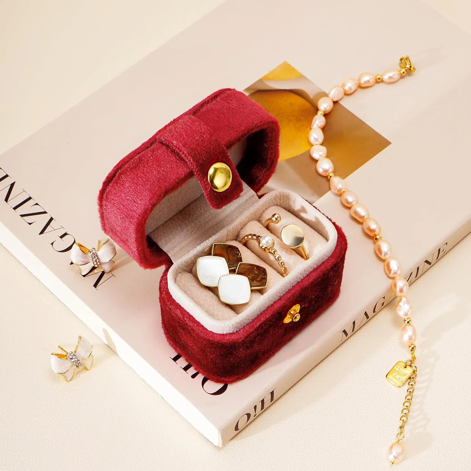 CASEGRACE Velvet Travel Jewelry Case - Portable Small Jewelry Ring Box Plush Velvet Ring Storage Case for Rings Earrings, Travel Essential Accessories for Women, Red