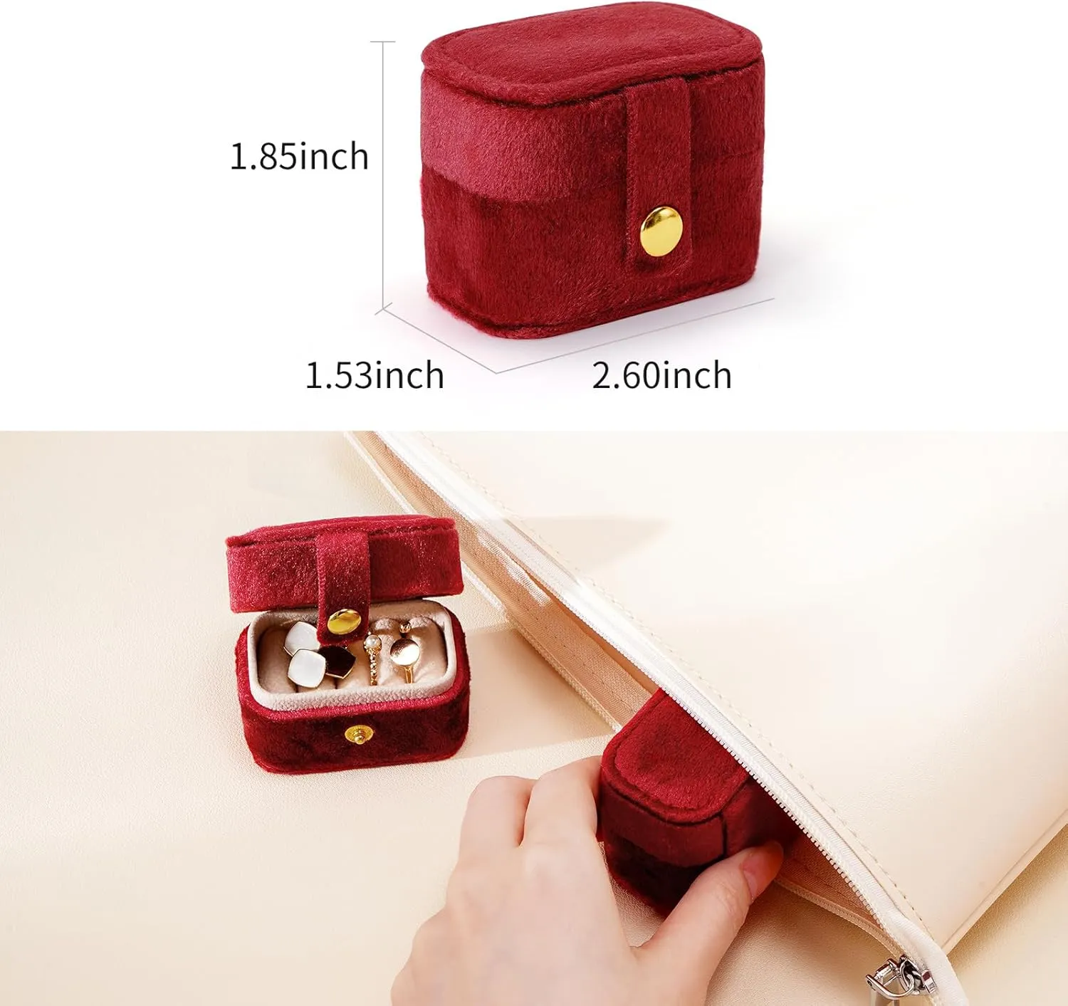 CASEGRACE Velvet Travel Jewelry Case - Portable Small Jewelry Ring Box Plush Velvet Ring Storage Case for Rings Earrings, Travel Essential Accessories for Women, Red
