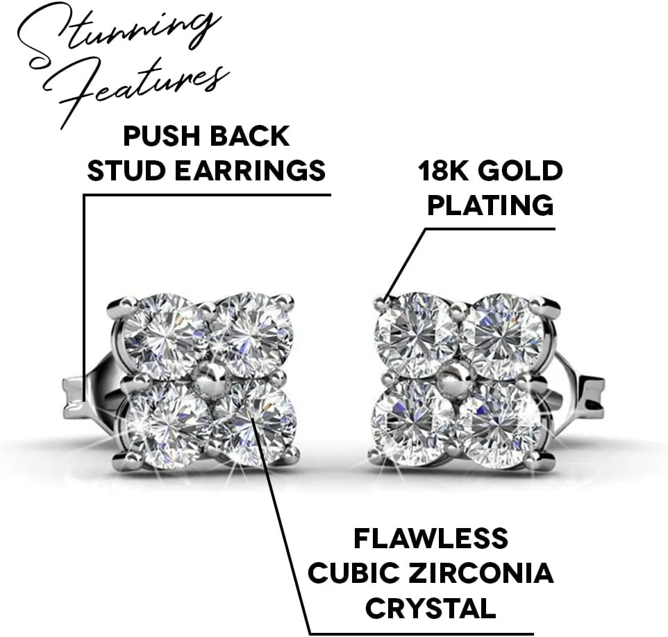 Cate & Chloe Rae Brilliance 18k White Gold Cluster Stud Earrings with Crystals, Round Diamond Cut Stone Earring Set, Wedding Sparkling Silver Studs for Women - Hypoallergenic