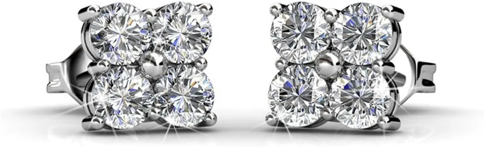 Cate & Chloe Rae Brilliance 18k White Gold Cluster Stud Earrings with Crystals, Round Diamond Cut Stone Earring Set, Wedding Sparkling Silver Studs for Women - Hypoallergenic