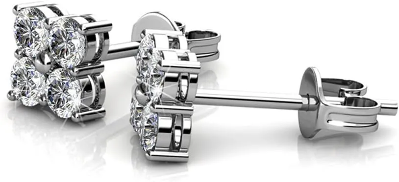 Cate & Chloe Rae Brilliance 18k White Gold Cluster Stud Earrings with Crystals, Round Diamond Cut Stone Earring Set, Wedding Sparkling Silver Studs for Women - Hypoallergenic