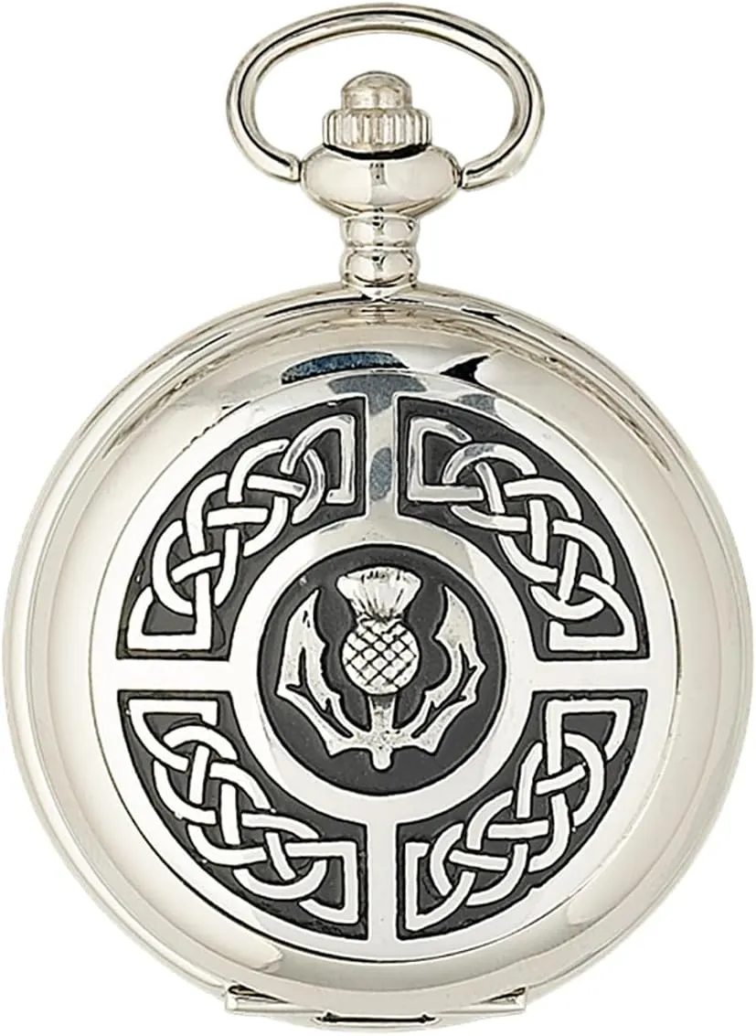 Celtic and Thistle 2 Piece Mechanical Watch Gift Set Pocket Watch and Cufflinks Jewelry for Men, Silver