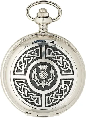 Celtic and Thistle 2 Piece Mechanical Watch Gift Set Pocket Watch and Cufflinks Jewelry for Men, Silver