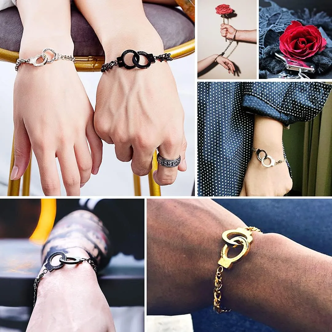 ChainsHouse Handcuff Link Bracelet for Men Women, 18K Gold/Black Metal/Stainless Steel Biker Curb Chain Friendship Best Friends Statement Bangles Bracelets, Send Gift Box