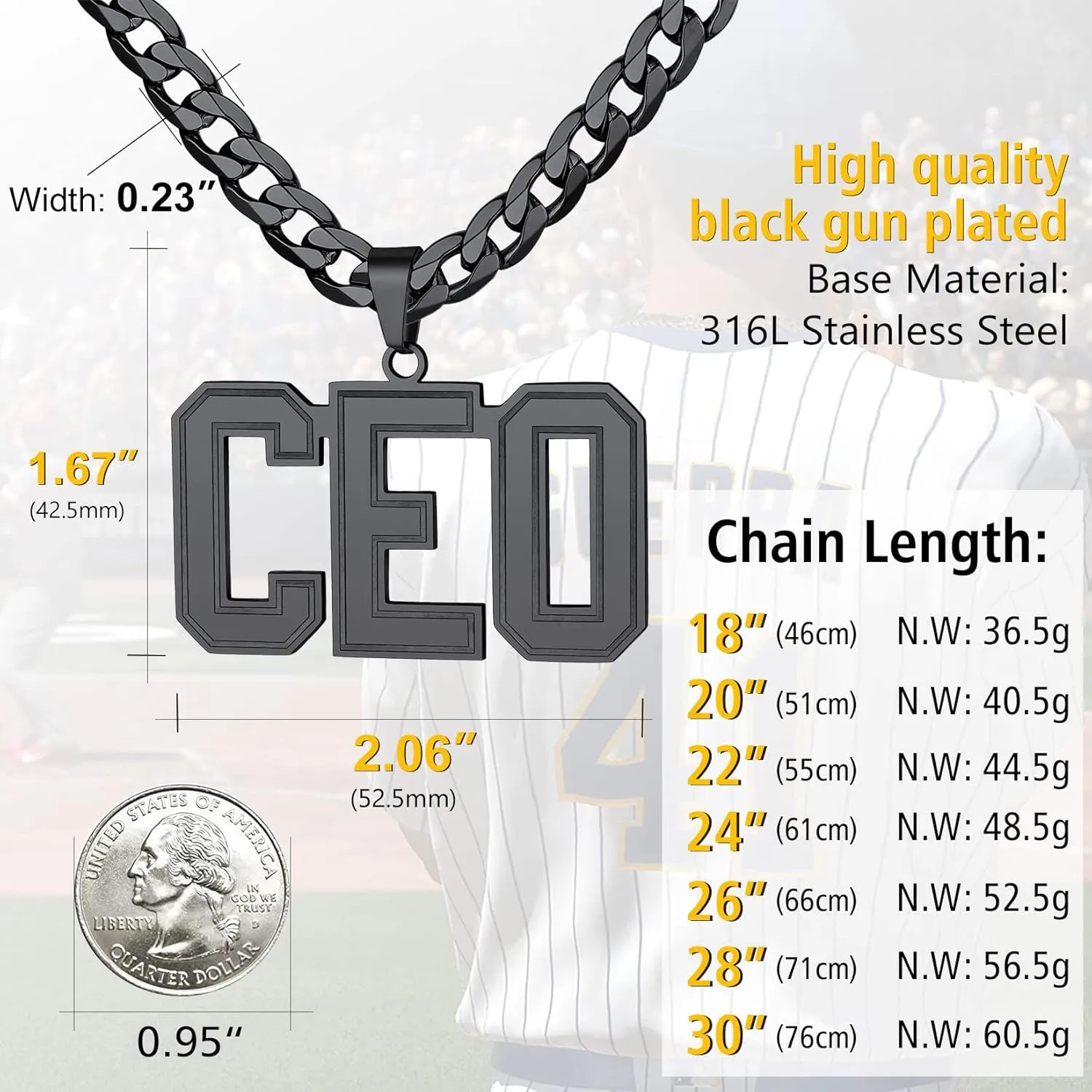 ChainsPro Men Personalized Name Necklace Nameplate Necklaces, 18/20/22/24/26/28/30" Length, 316L Stainless Steel/18K Gold Plated/Black-Send Gift Box