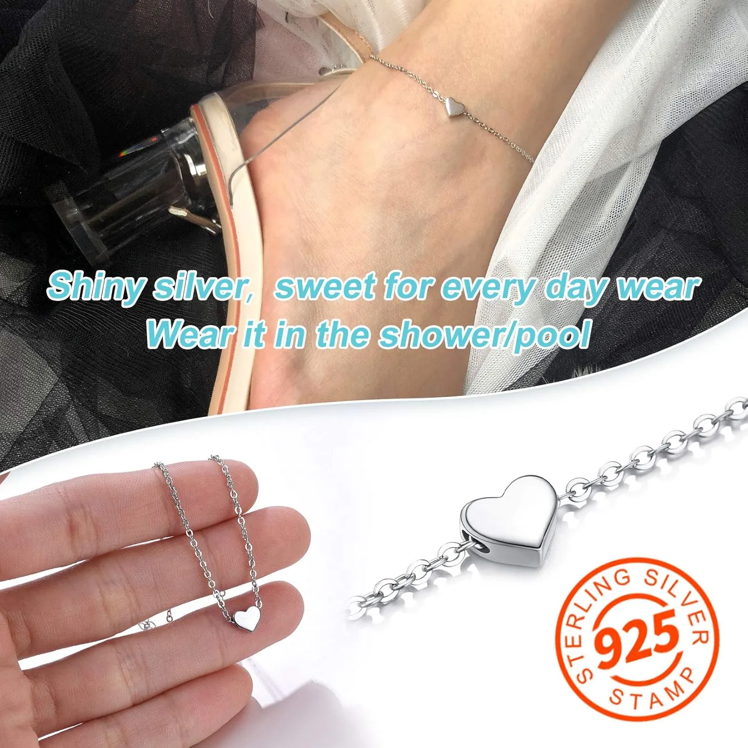 ChainsPro Womens S925 Sterling Silver Adjustable Anklet, Heart/Moon/Handcuff Ankle Bracelet,Summer Foot Jewelry, Stainless Steel/Gold Plated(Send Gift Box)