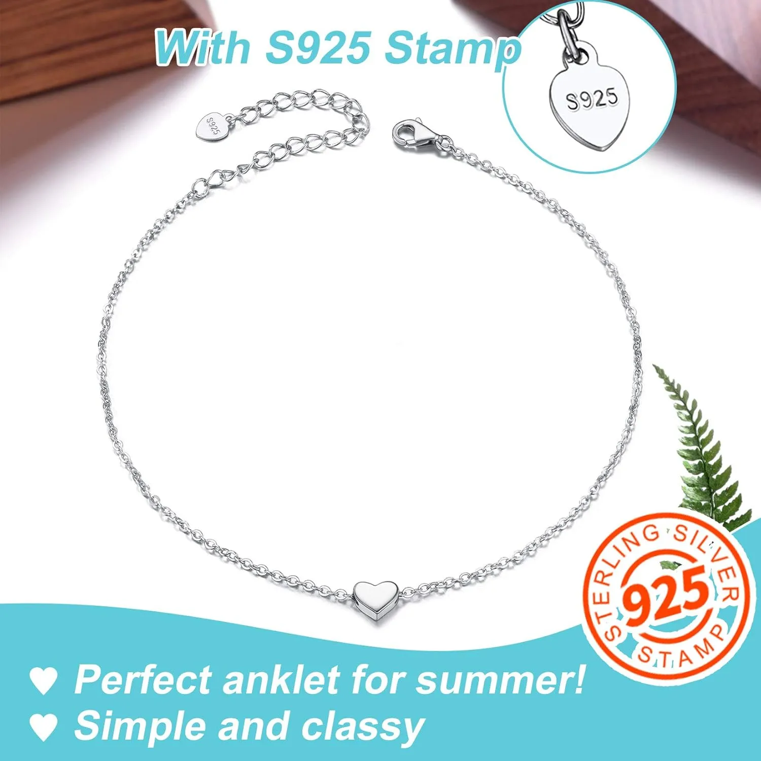 ChainsPro Womens S925 Sterling Silver Adjustable Anklet, Heart/Moon/Handcuff Ankle Bracelet,Summer Foot Jewelry, Stainless Steel/Gold Plated(Send Gift Box)