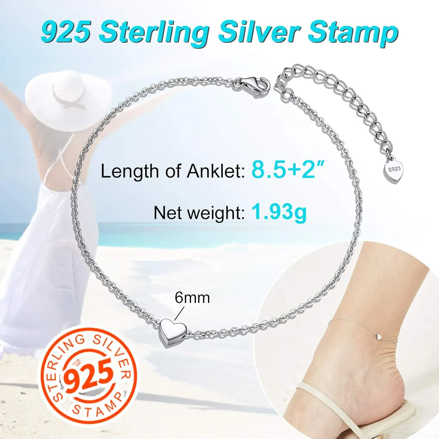 ChainsPro Womens S925 Sterling Silver Adjustable Anklet, Heart/Moon/Handcuff Ankle Bracelet,Summer Foot Jewelry, Stainless Steel/Gold Plated(Send Gift Box)
