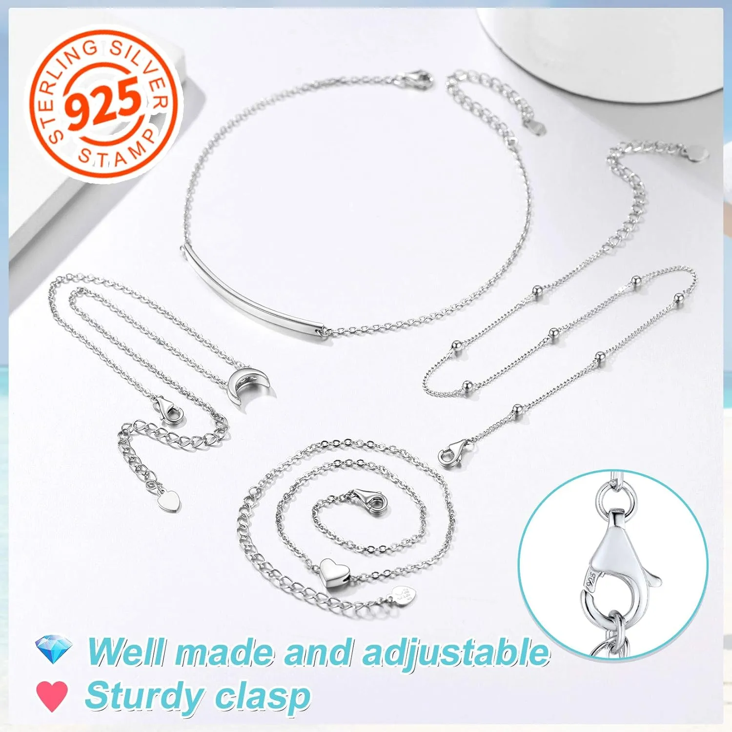 ChainsPro Womens S925 Sterling Silver Adjustable Anklet, Heart/Moon/Handcuff Ankle Bracelet,Summer Foot Jewelry, Stainless Steel/Gold Plated(Send Gift Box)