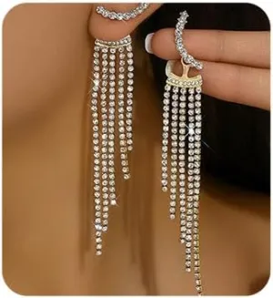 Chargances Fashion Crystal Tassel Dangle Earrings Rhinestone Sparkling Long Earrings Statement Jewelry for Women Wedding Valentine's Day