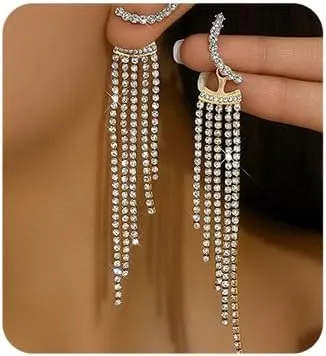 Chargances Fashion Crystal Tassel Dangle Earrings Rhinestone Sparkling Long Earrings Statement Jewelry for Women Wedding Valentine's Day