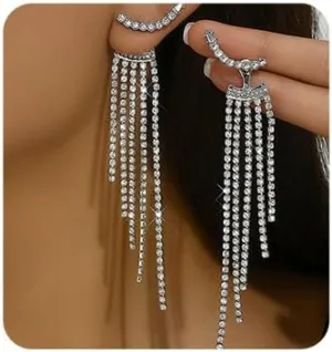 Chargances Fashion Crystal Tassel Dangle Earrings Rhinestone Sparkling Long Earrings Statement Jewelry for Women Wedding Valentine's Day