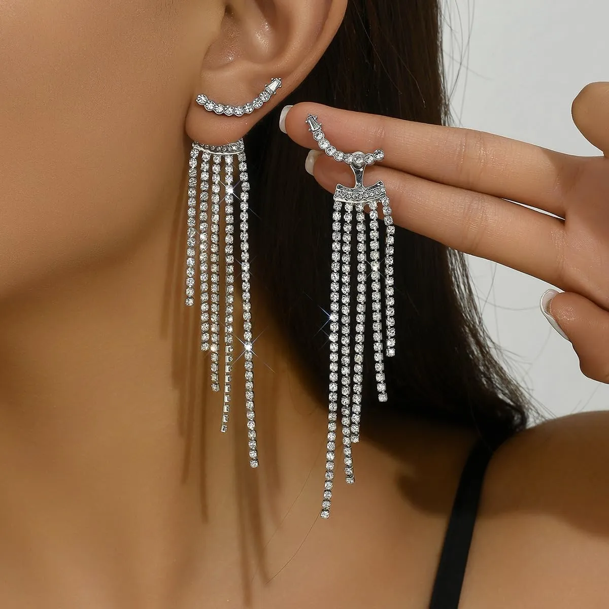 Chargances Fashion Crystal Tassel Dangle Earrings Rhinestone Sparkling Long Earrings Statement Jewelry for Women Wedding Valentine's Day