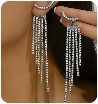 Chargances Fashion Crystal Tassel Dangle Earrings Rhinestone Sparkling Long Earrings Statement Jewelry for Women Wedding Valentine's Day