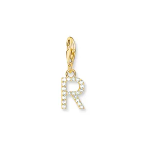 Charm pendant letter R with white stones gold plated
