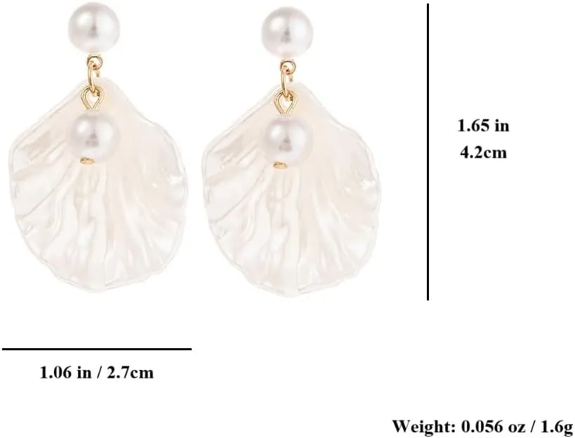 Charm Seashell Pearl White Flower Earrings for Women Trendy, Cute Layered Acrylic Sea Shell Drop Pearl Dangle Stud Earrings Jewelry Gifts Accessories