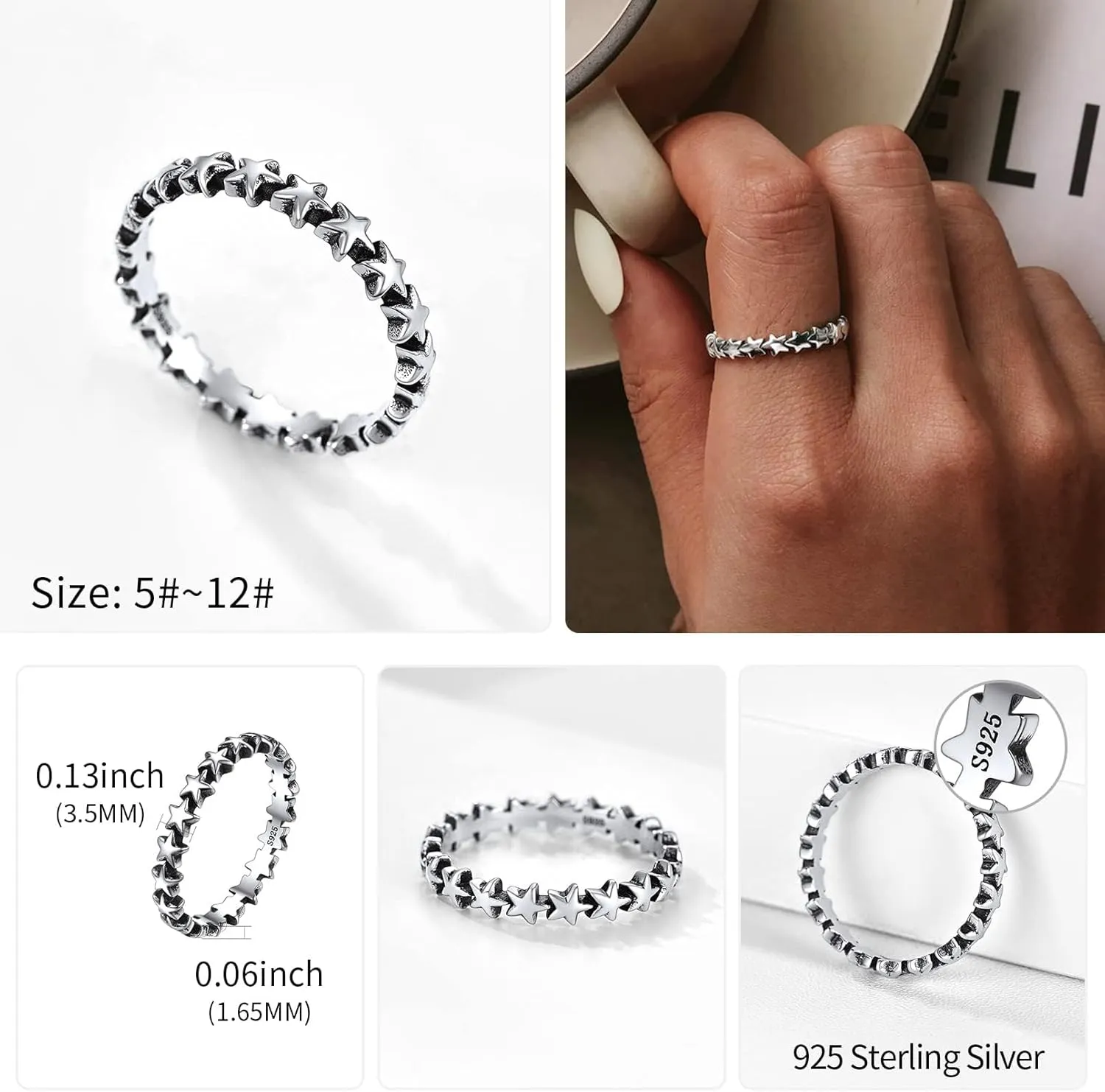 ChicSilver 925 Sterling Silver Ring 2mm Retro Evil Eye/Vine Stacking Rings Eternity Wedding Band for Women Size 5-12(with Gift Box)