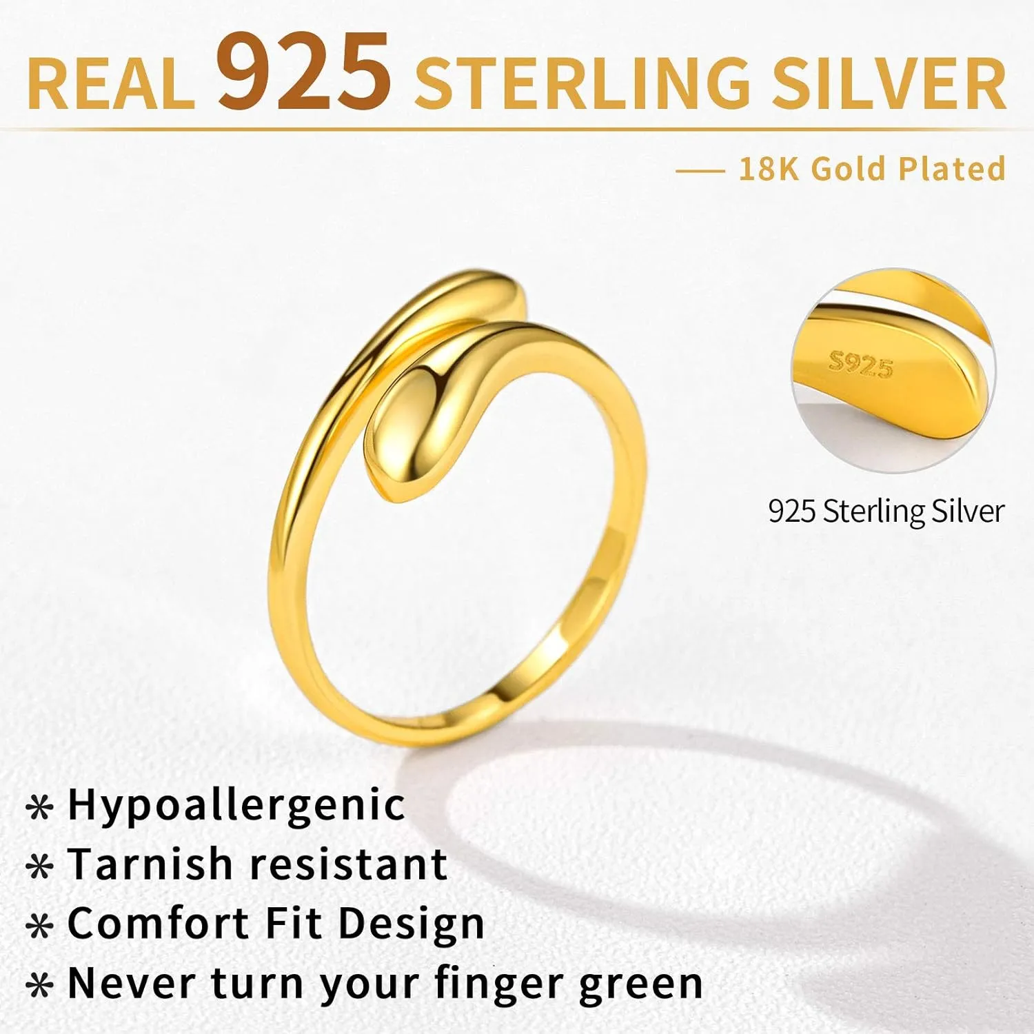 ChicSilver 925 Sterling Silver Ring Minimalist Teardrop High Polish Tarnish Resistant Comfort Fit Open Adjustable Ring for Women(with Gift Box)