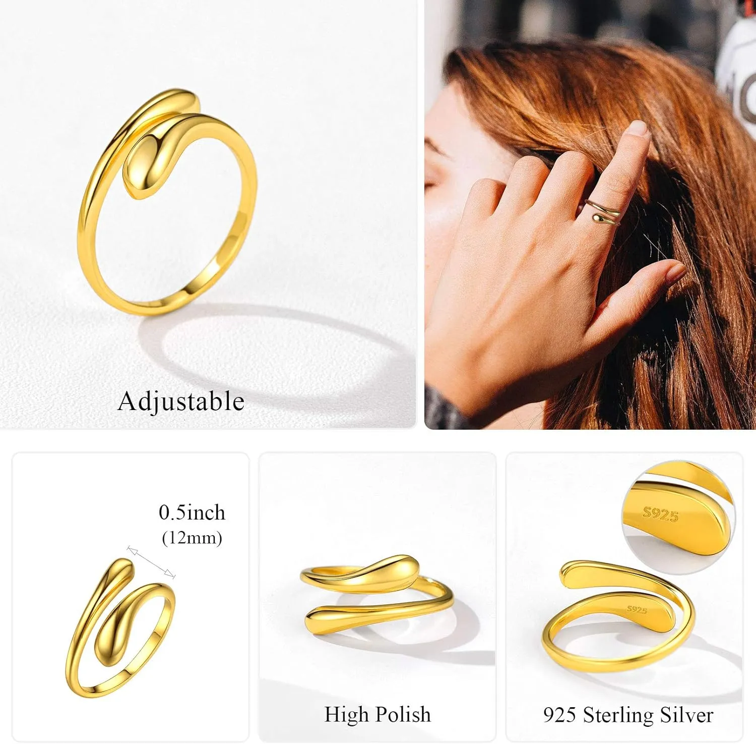 ChicSilver 925 Sterling Silver Ring Minimalist Teardrop High Polish Tarnish Resistant Comfort Fit Open Adjustable Ring for Women(with Gift Box)