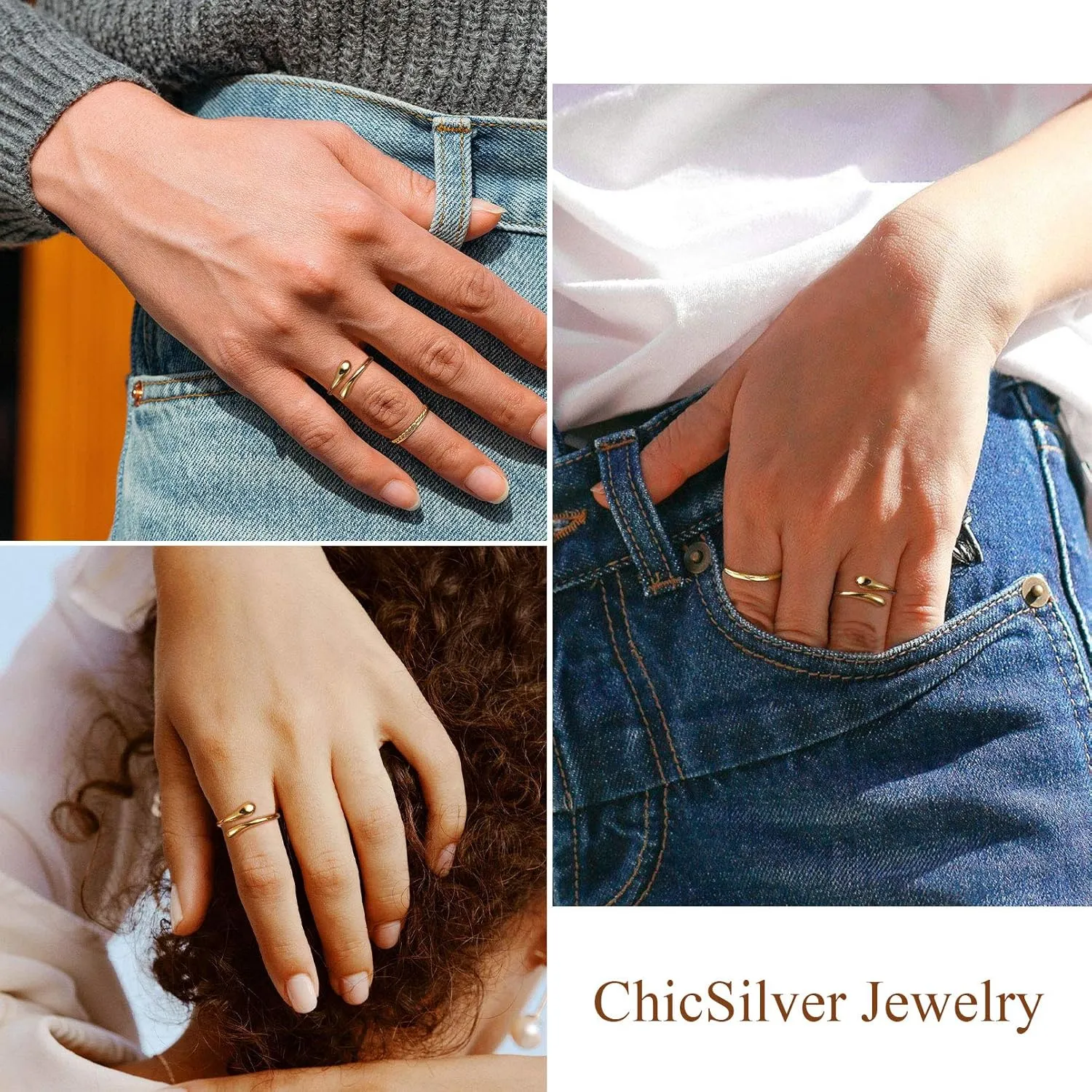 ChicSilver 925 Sterling Silver Ring Minimalist Teardrop High Polish Tarnish Resistant Comfort Fit Open Adjustable Ring for Women(with Gift Box)