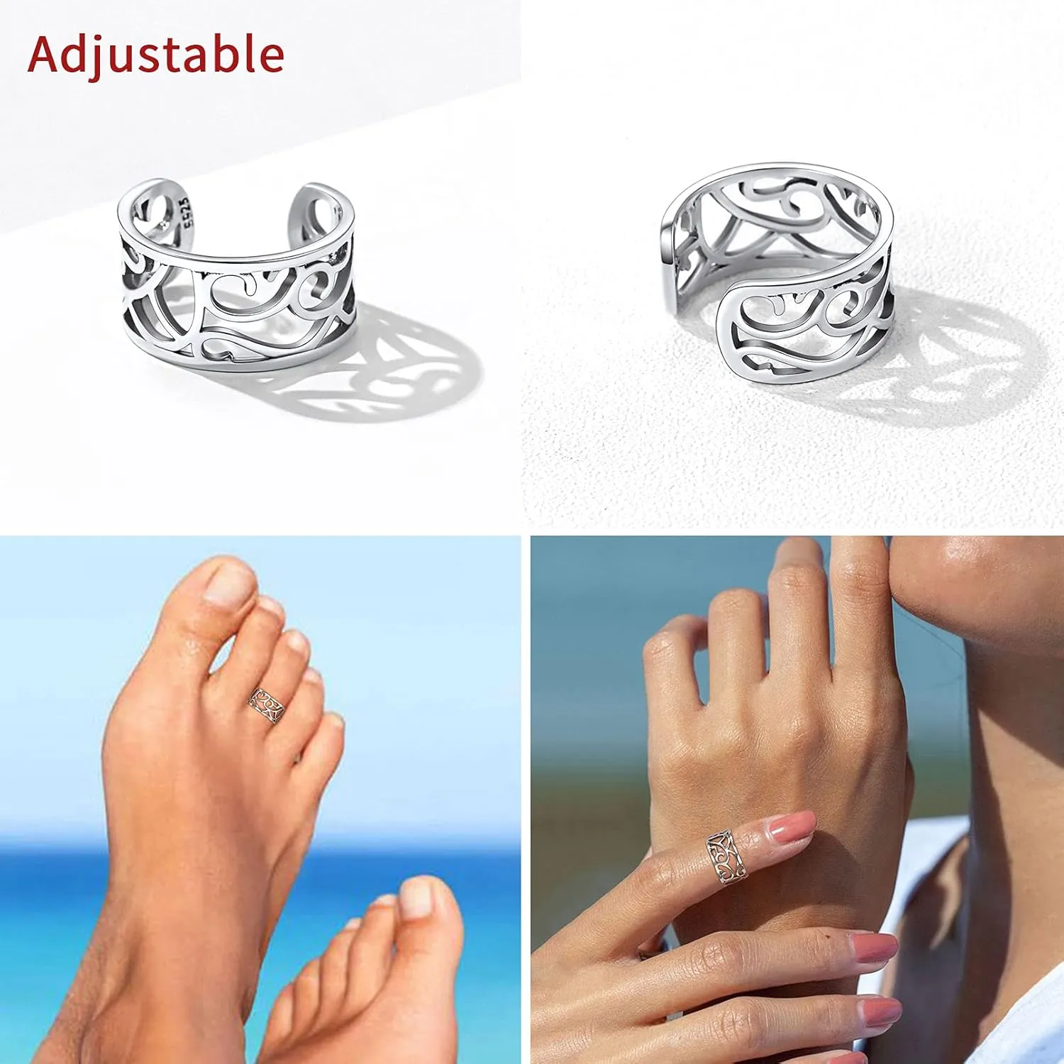 ChicSilver 925 Sterling Silver Toe Ring Minimalist Hypoallergenic Adjustable Band Ring Summer Beach Bare Foot Jewelry