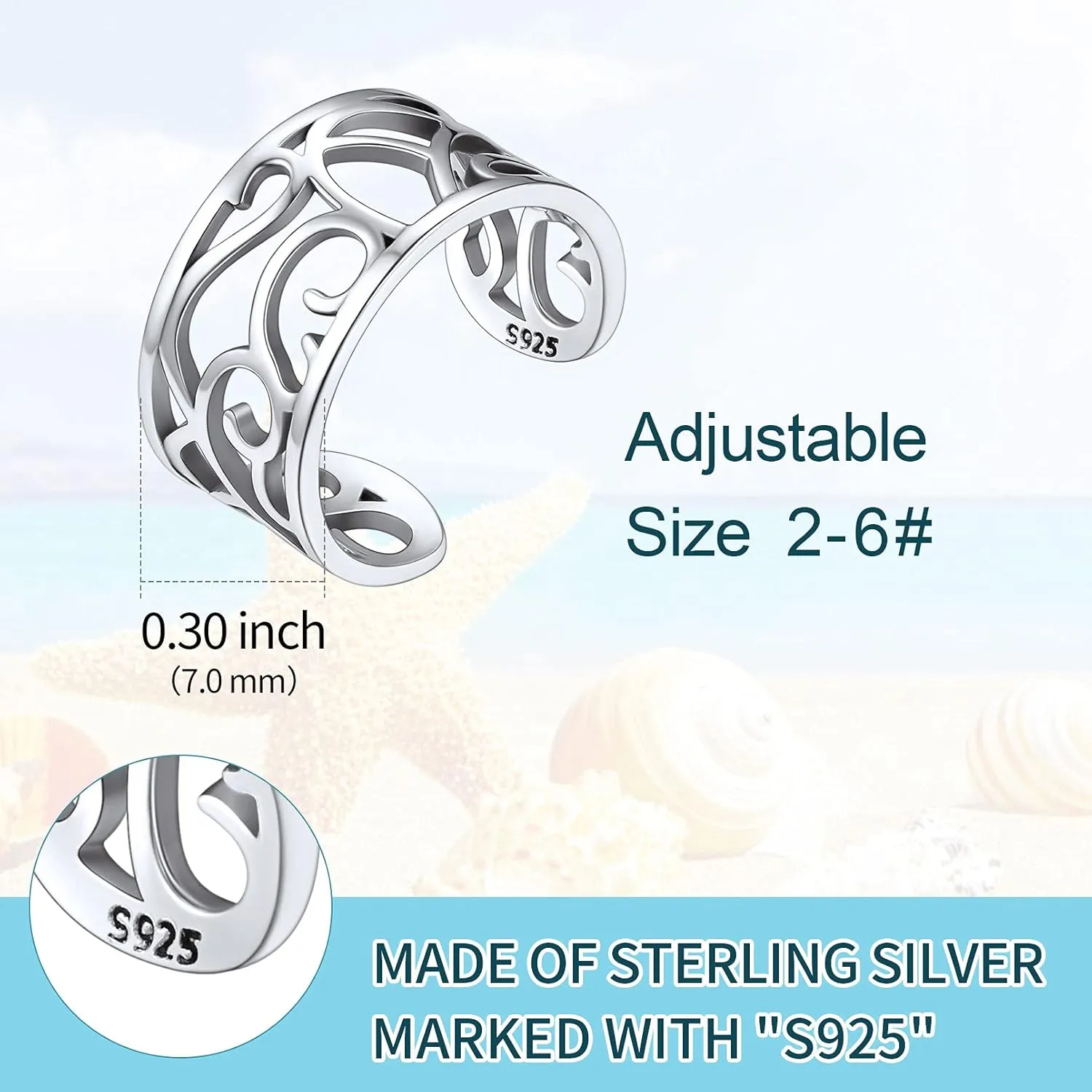 ChicSilver 925 Sterling Silver Toe Ring Minimalist Hypoallergenic Adjustable Band Ring Summer Beach Bare Foot Jewelry