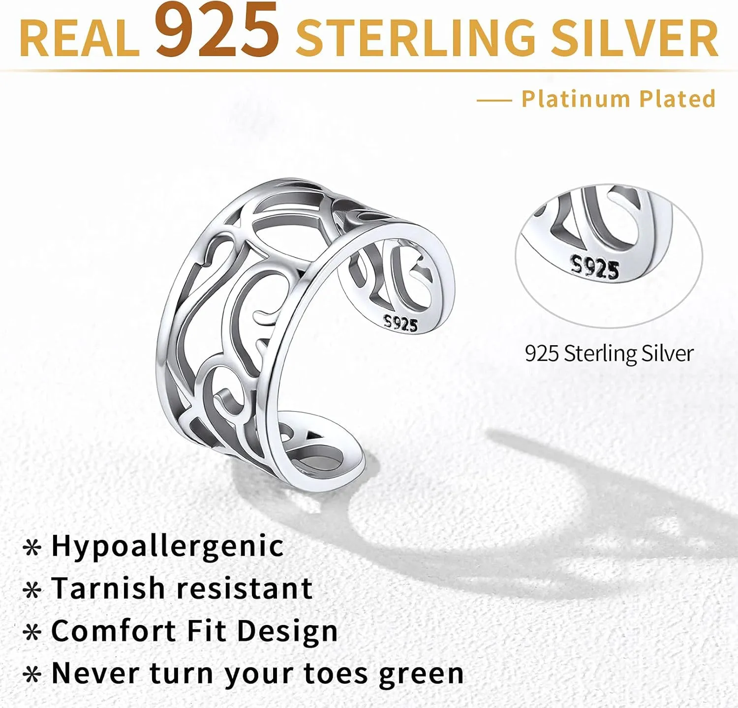 ChicSilver 925 Sterling Silver Toe Ring Minimalist Hypoallergenic Adjustable Band Ring Summer Beach Bare Foot Jewelry