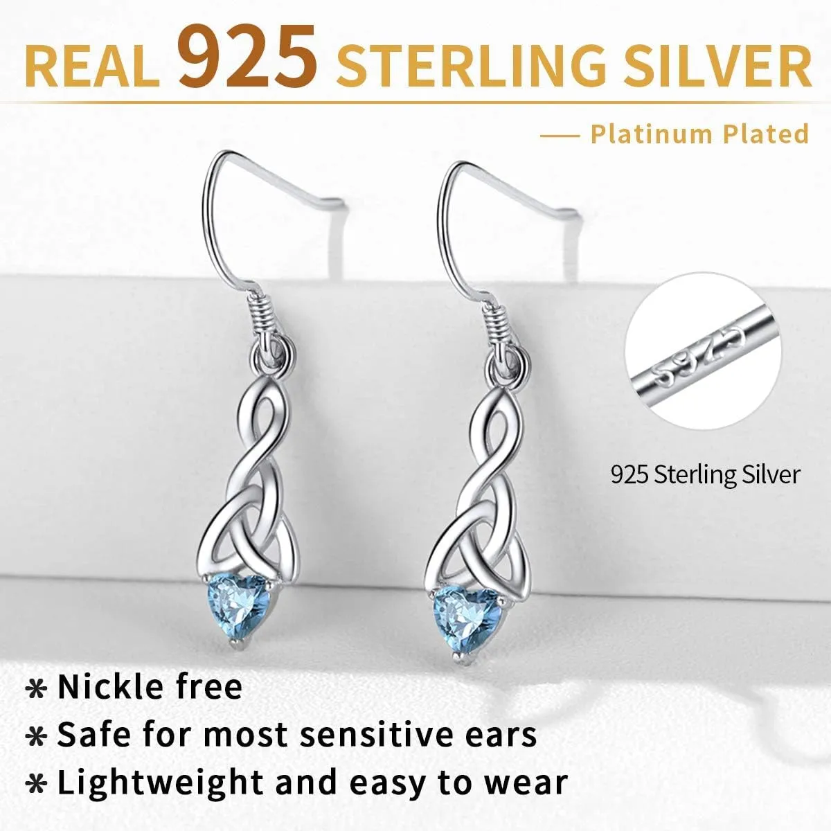 ChicSilver Sparkling Heart Birthstone 925 Sterling Silver Celtic Knot Dangle Hook Earrings (with Gift Box)