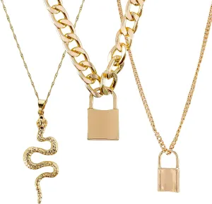 Chunky Chain Necklace Set Women's Punk 2-Layered Choker Necklace Cuban Link Chain Necklace with Lock Pendant Gold Plated Snake Neck Chain Punk Cuban Padlock Chain Layered Jewelry Set