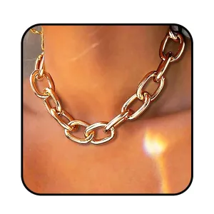 Chunky Choker Necklace Gold Thick Cuban Link Chain Clavicle Statement Necklaces for Women and Men (A-Gold)