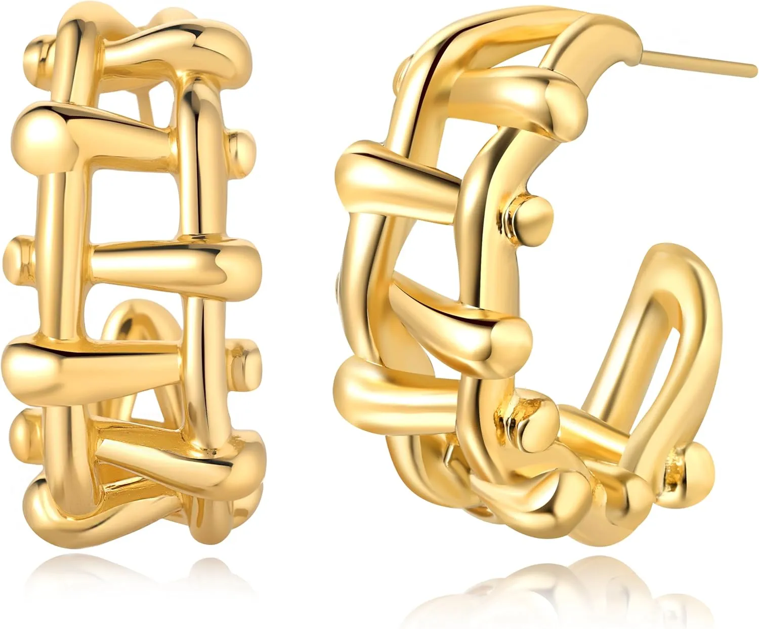 Chunky Gold Hoop Earrings for Women 14k Gold Plated Hypoallergenic Gold Hoops Earrings Gold Statement Stud Earrings for Women Trendy Fashion Gold Jewelry (Braided Gold Earrings)
