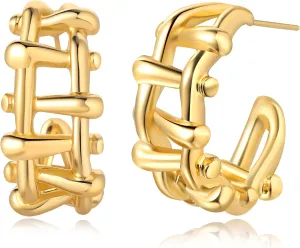 Chunky Gold Hoop Earrings for Women 14k Gold Plated Hypoallergenic Gold Hoops Earrings Gold Statement Stud Earrings for Women Trendy Fashion Gold Jewelry (Braided Gold Earrings)