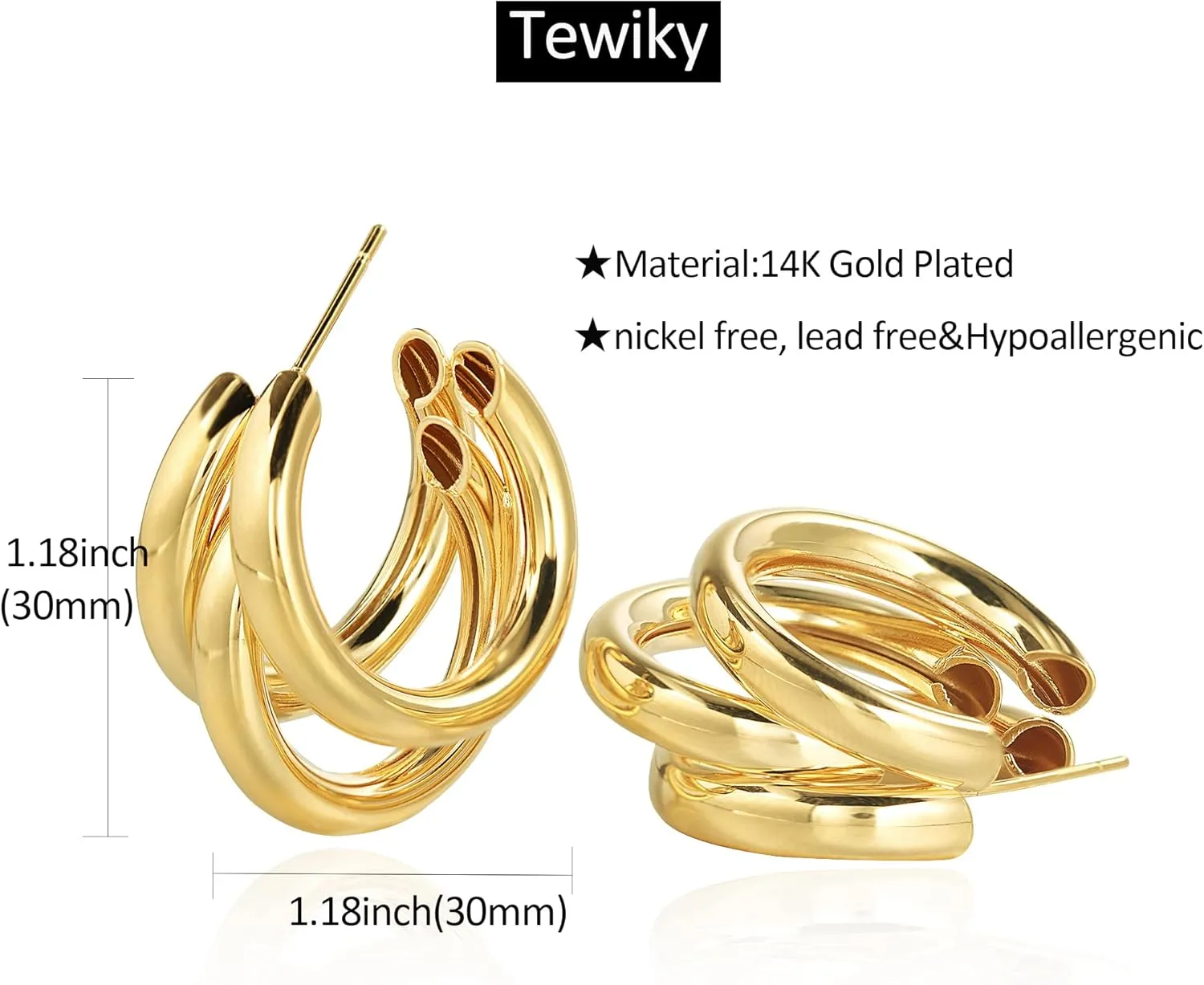 Chunky Gold Hoop Earrings for Women, 14k Gold Plated Thick Triple Hoop Earrings Hypoallergenic Trendy Chunky Gold Hoops Earrings Dainty Jewelry Gifts for Women